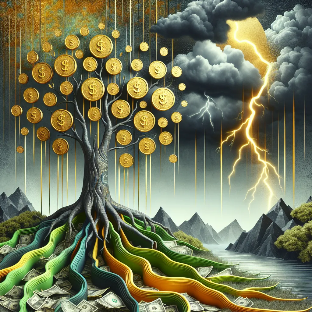 This portrayal of a flourishing tree amidst a brewing tempest encapsulates the duality of corporate finance—where the pursuit of <strong>financial growth</strong> is perpetually shadowed by the specter of risk, reminding investors and entrepreneurs alike that reward is not without its peril.